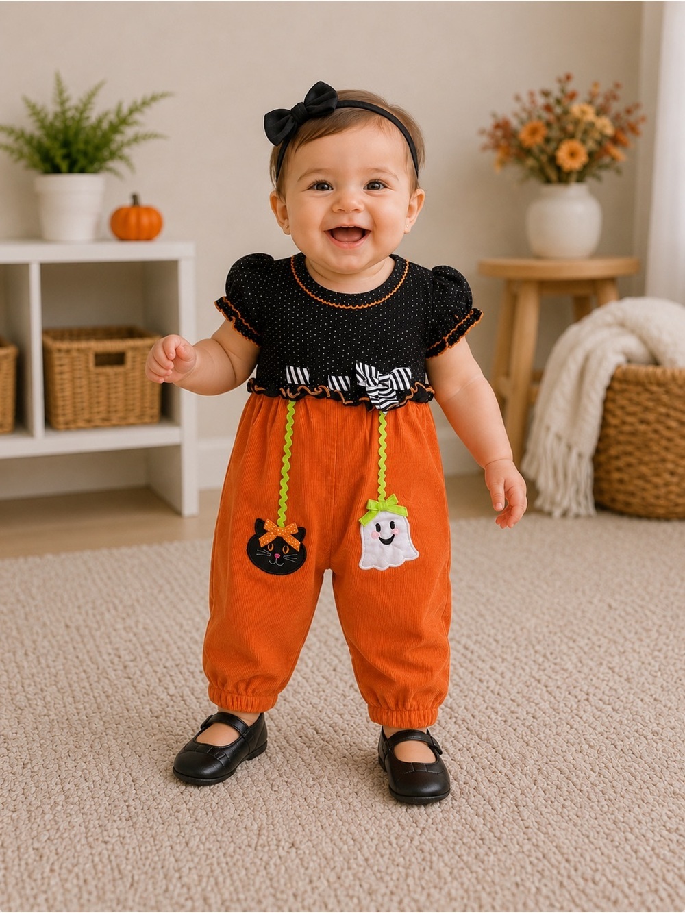 6/9MTH Bonnie Baby Black, Orange & Green Halloween Romper